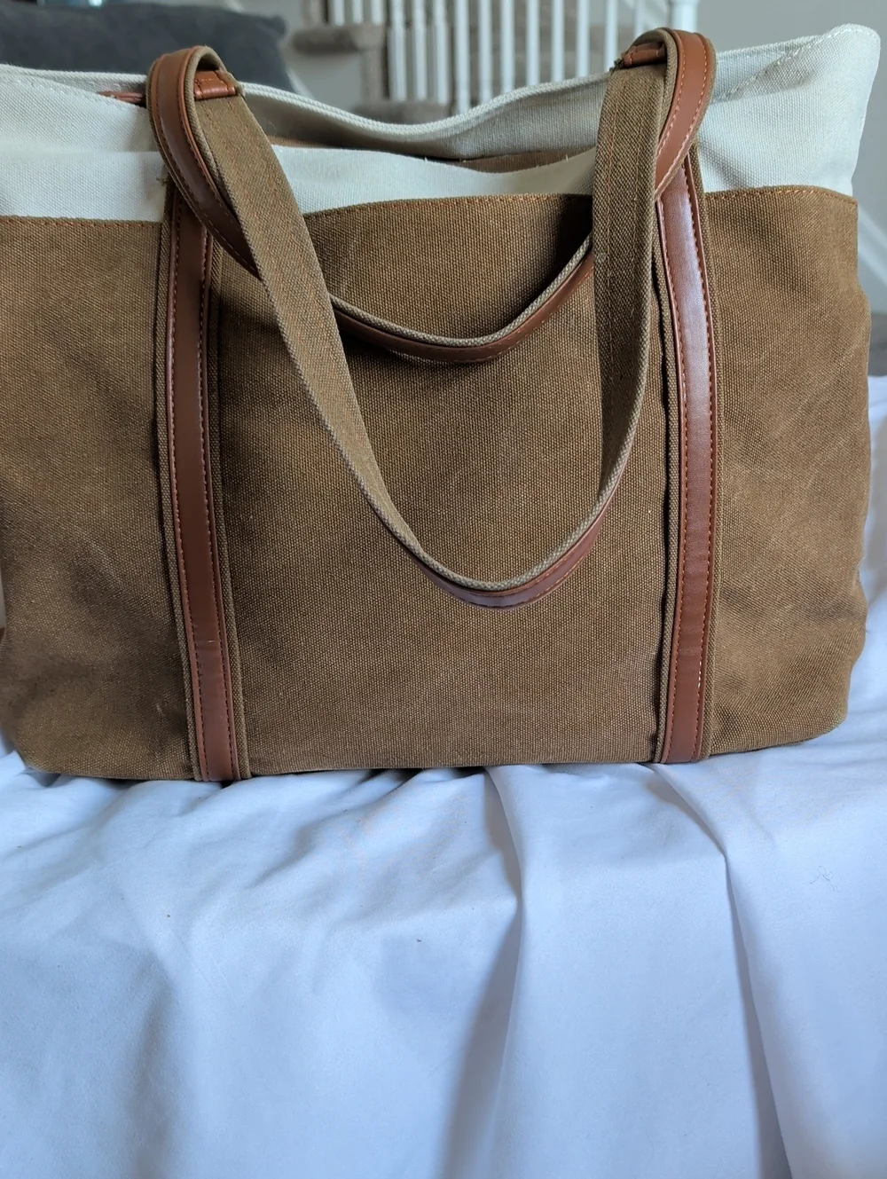 Canvas Tote Laptop Bag in Brown and Cream